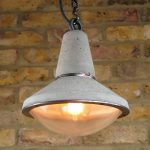 "Concrete Pendant Light""concrete and steel light with glass dome lens and filament bulb